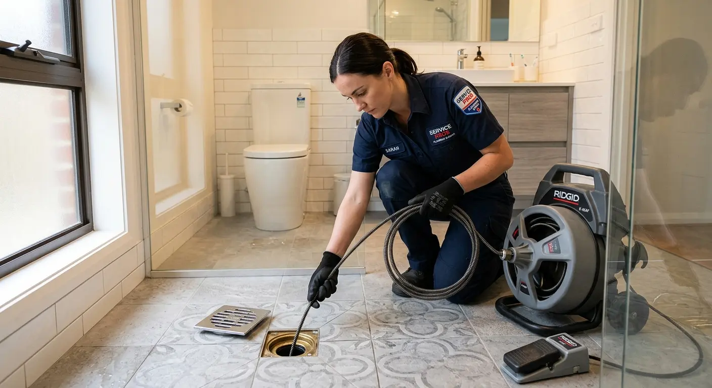 Technician clearing a bathroom floor drain for Hydro Jetting in Arcadia